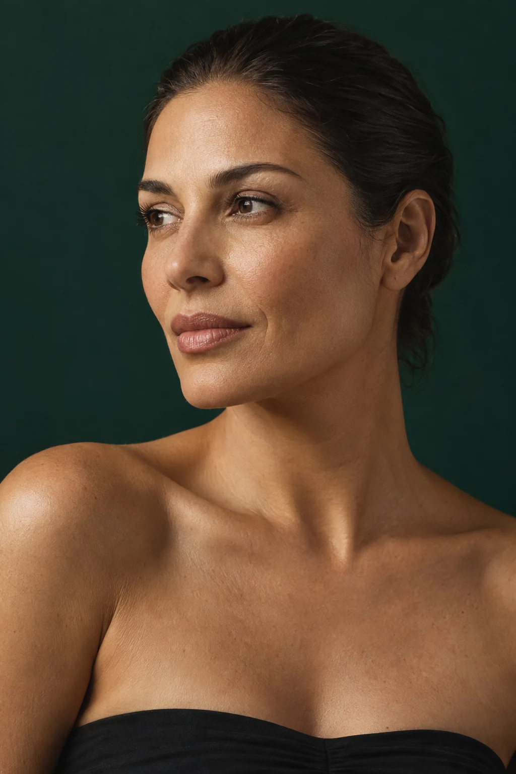 Retrato artístico ilustrativo de uma mulher adulta, com pele natural, em luz suave.