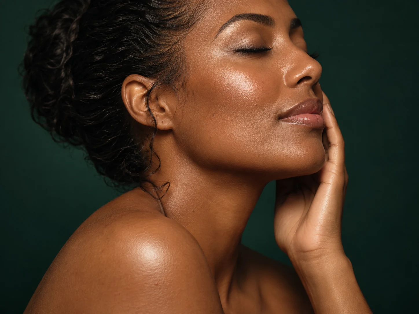 Imagem ilustrativa de uma modelo adulta de perfil, com luminosidade e textura natural da pele.
